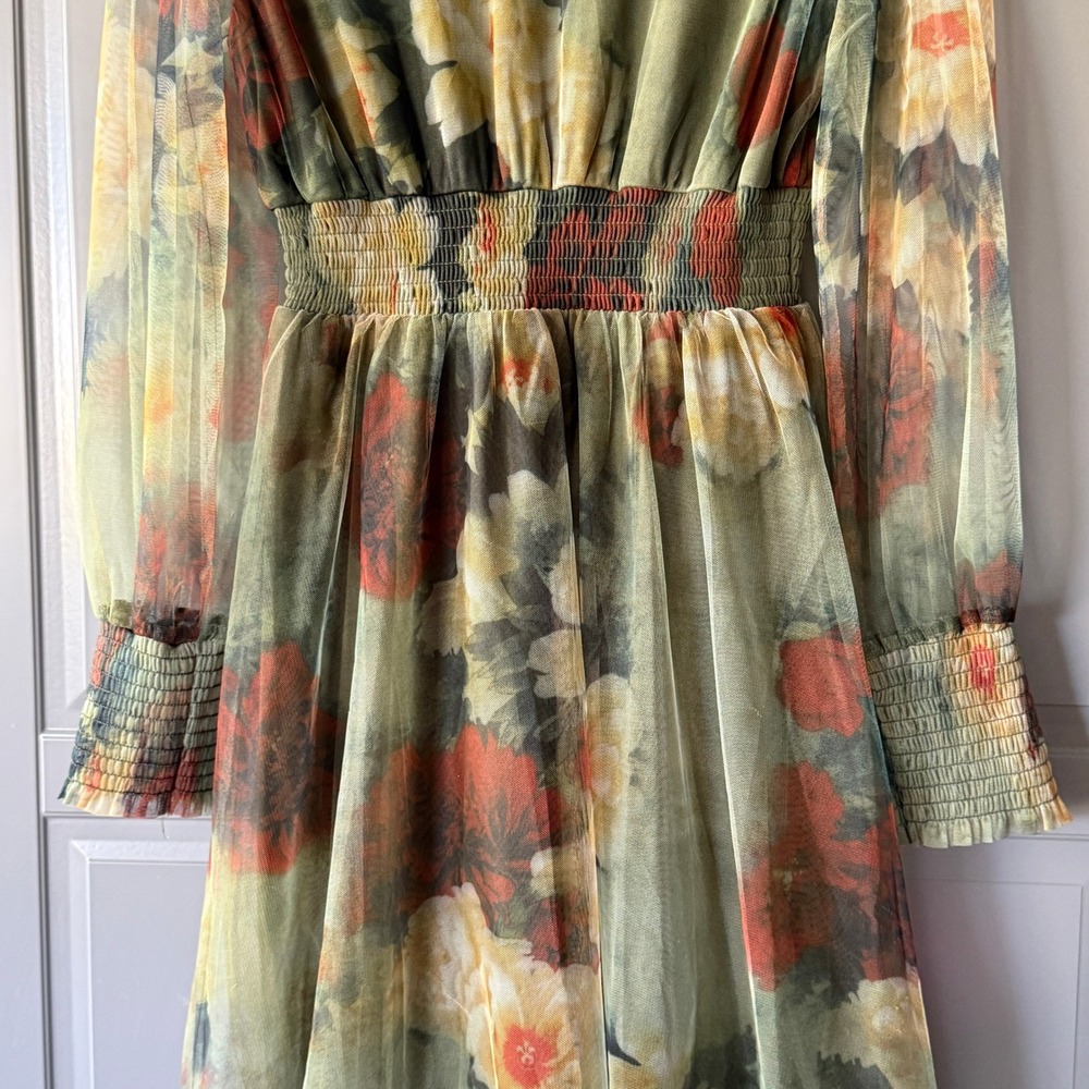Baltic Born Layla Tulle Maxi Dress Women M Olive Rust NWT Floral Smocked V-Neck - Picture 10 of 15